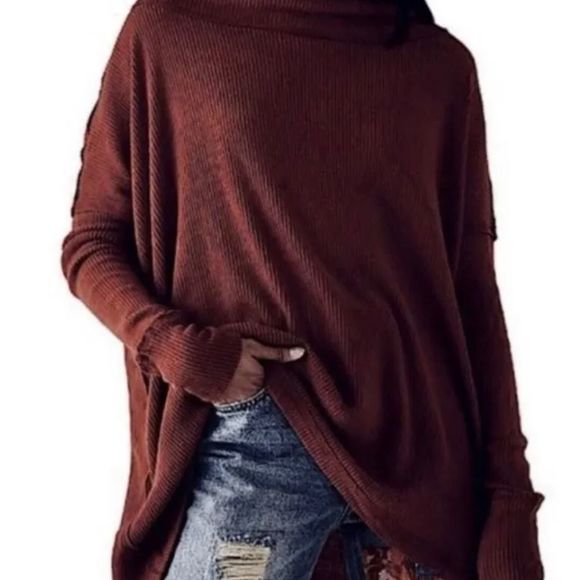 Free People Small Juicy Long Sleeve Date Night Wine Waffle Knit Turtleneck - Picture 1 of 2